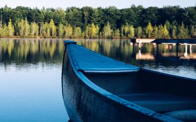 Canoe floating in a lake near a wooded area