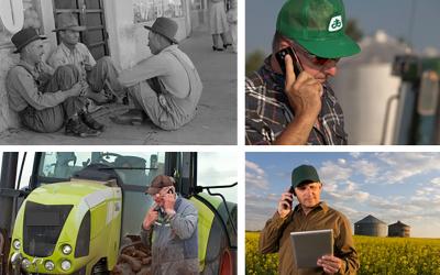 A collage of farmers from different time periods sharing information.