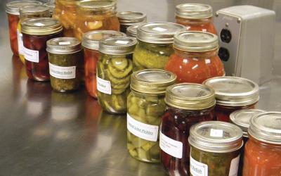 Variety of home-canned, pickled vegetables on a silver table in a kitchen.