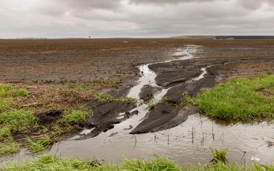 A wet, unplanted field with water pooling and running off into a ditch.