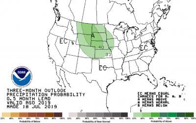 A color-coded map of the United Statees showing the precipitation outlook for August through October 2019. All of South Dakota is light green. Parts of Western South Dakota are a darker green.
