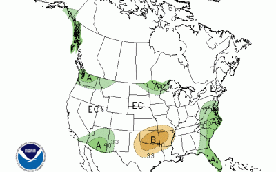 a map of the United States with different colors showing the precipitation outlook variations.