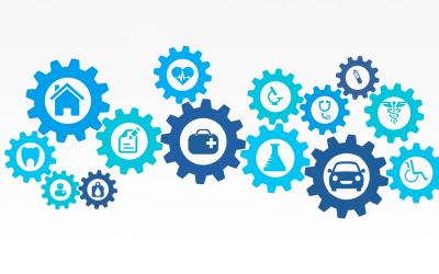 Several colored gear icons representing different categories of insurance.