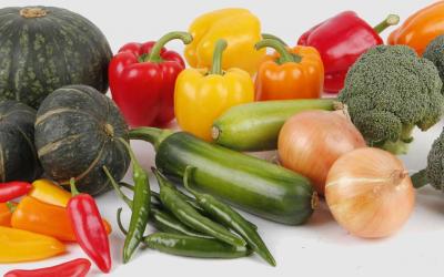 A variety of fresh vegetables displayed on a white countertop.