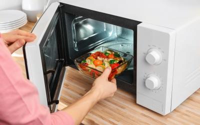 Woman putting bowl with vegetables in microwave oven.