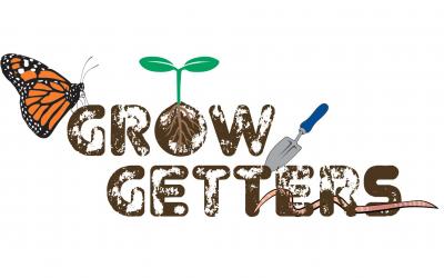 The Grow Getters wordmark. Brown, soil-stained text accompanied by a monarch butterfly, a green seedling, a blue-handled garden trowel, and a brown earthworm.