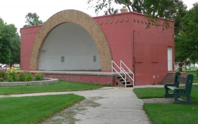 A bandshell in a small community park.