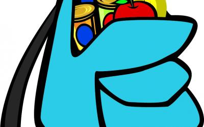 Bountiful Backpack graphic blue backpack with fruits and canned goods in the top