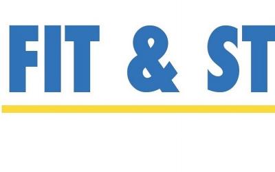 blue text with a yellow line under the words Fit and Strong!