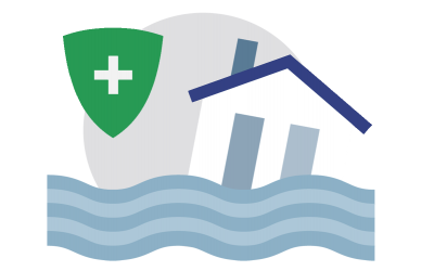 Green shield icon above an illustration of a flooded home.