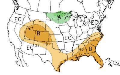 Color-coded precipitation outlook map of the United States.