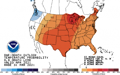 Color-coded map of the United States showing the one-month temperature outlook for April 2021.