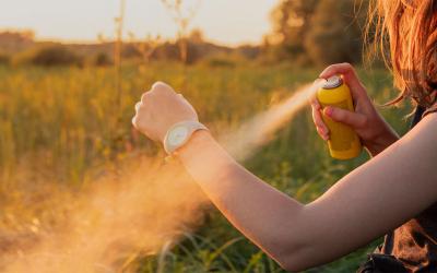 Young woman applying insect repellant before an evening hike.