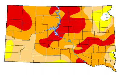 Color-coded drought monitor map of South Dakota. As of Aug. 31, Northwest and North Central South Dakota arefacing extreme drought, while the rest of the state is under abnormally dry to severe drought conditions. A Small portion of the northeast has adequate moisture.