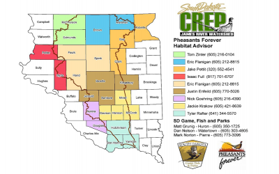 Color-coded map of the James River Watershed CREP program contacts featuring Pheasants Forever Habitat advisors for a number of South Dakota counties. For assistance in locating a contact, call SDSU Extension at 605-688-6729.