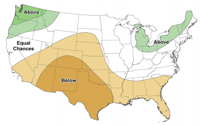 Color-coded map of the United States showing Precipitation outlook for October to December 2021. Odds are leaning towards drier than average conditions for most of South Dakota in the coming three months.