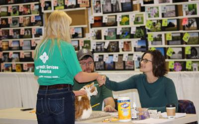 4-H youth exhibiting a cat to two judges.