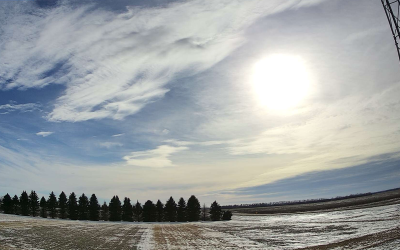 South-facing view of a dry, snow-dusted field at the South Shor mesonet station.