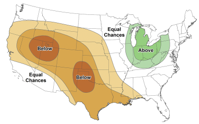 Color-coded map of the United States showing precipitation outlook for April to June 2022.