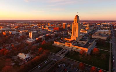 Sunrise over Lincoln, Nebraska skyline.