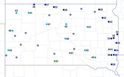 Map of South Dakota with dot-plots indicating 24-hour soil temperatures at a 4-inch depth for various locations throughout South Dakota. Data from Mesonet.sdstate.edu
