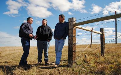 Three producers discussing a grazing plan in a pasture.