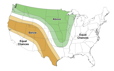 Color-coded map of the United States showing precipitation outlook for May 2022. The majority of South Dakota is predicted to have above-average precipitation.