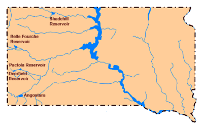 Image showing locations of the five South Dakota reservoirs managed by the US BOR