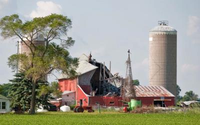 Barn damaged by a windstorm.