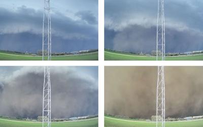 Four photos showing a derecho approaching the SDSU campus in Brookings, South Dakota.