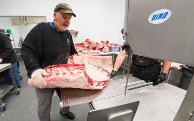 Producers cutting meat with a band saw.