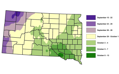 Color-coded map of South Dakota indicating the fiftieth percentile, for first fall occurrence of 32 degrees Fahrenheit. For assistance reading this graphic and data set, please call SDSU Extension at 605-688-4792.