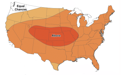 Color-coded map of the United States showing October 2022 temperature outlook. Temperatures in South Dakota are leaning above average. For assistance reading this graphic and data set, please call SDSU Extension at 605-688-4792.