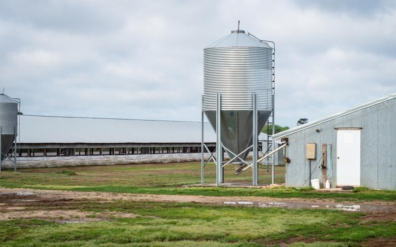 small grain hopper next to a shed