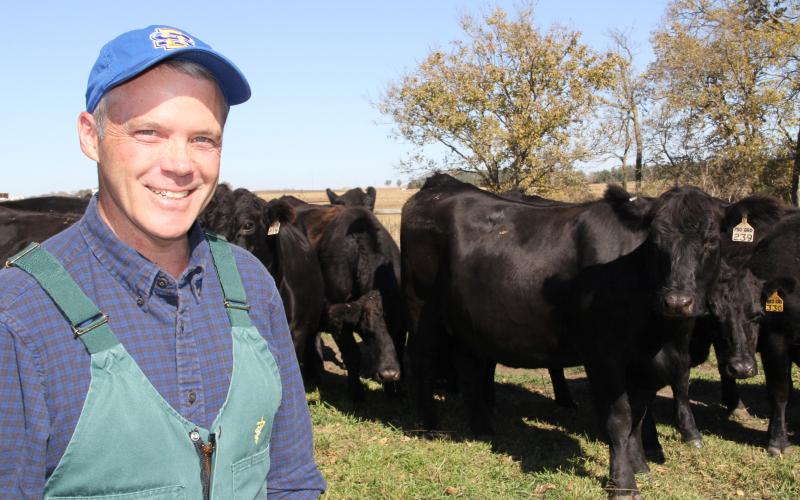 Russ Daly standing in front of a herd of cattle