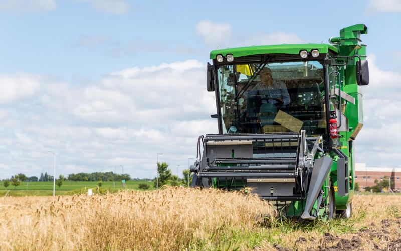 Winter wheat breeder Sunish Sehgal combines winter wheat near campus using the new combine that the South Dakota Crop Improvement Association and South Dakota Foundation Seed Stock purchased for the SDSU winter wheat breeding program. Sunish Sehgal combining a field of wheat