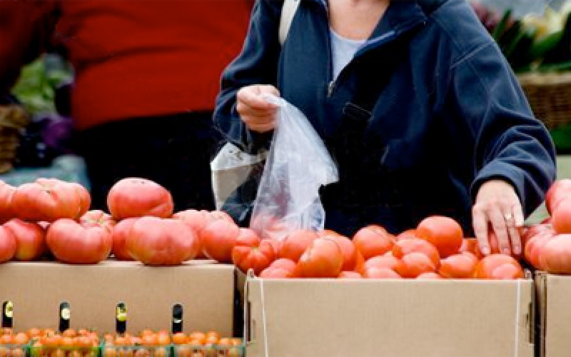 a person putting tomatoes into a bag.