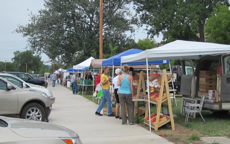 A row of vendor tents at a farmers market.