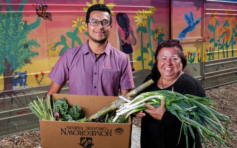 A young man and woman holding a csa box filled with fresh vegetables.