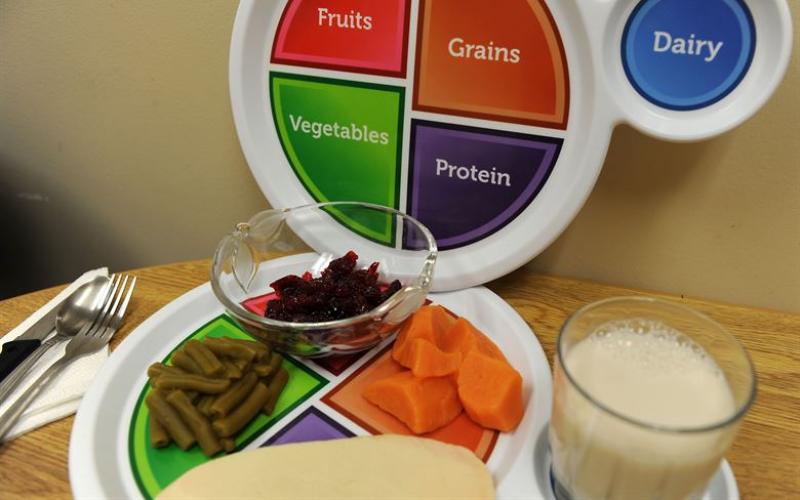 A table set demonstrating healthy portions sizes of fruits, grains, vegetables, protein, and dairy.