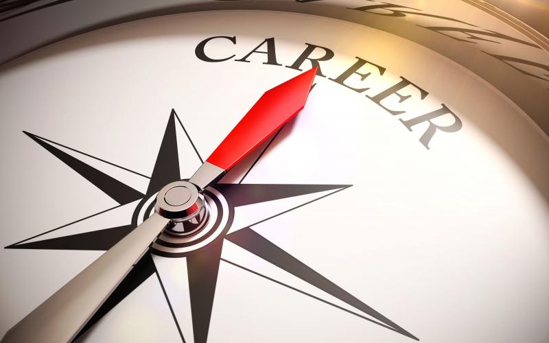 compass face with red needle pointing towards the text "career"