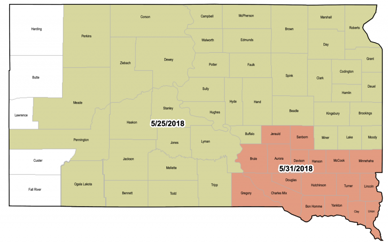 South Dakota corn late plant date map. View pdf map: https://legacy.rma.usda.gov/fields/mt_rso/2018/final/sdcorn_grain_nonirrigated.pdf View text in Excel: https://legacy.rma.usda.gov/fields/mt_rso/2018/final/sdcorn_grain_nonirrigatedtext.xlsx