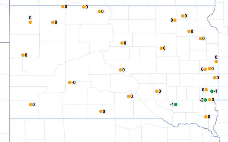 A map of South Dakota with yellow and green circles indicating iverson risks at various locations throughout the state.