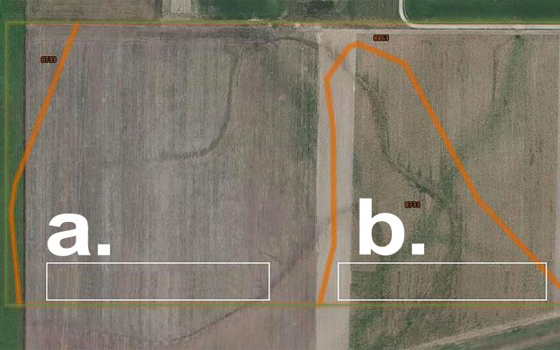 two side-by-side fields. The left is labeled "a". It has uniform rows and soil. The right is labeled "b". It has ununiform rows and varying soil quality.