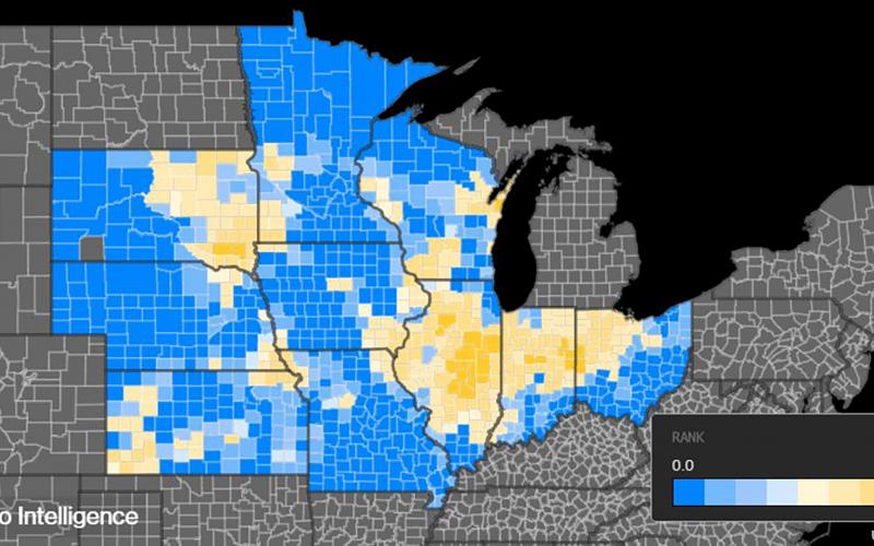 Color-coded map of South Dakota and other Midwestern states. Colors indicate a higher risk of unplanted areas in Eastern and Northeastern South Dakota.