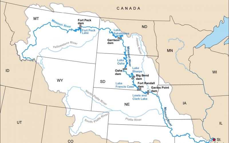 A map of the misouri river basin in the Upper Midwest.