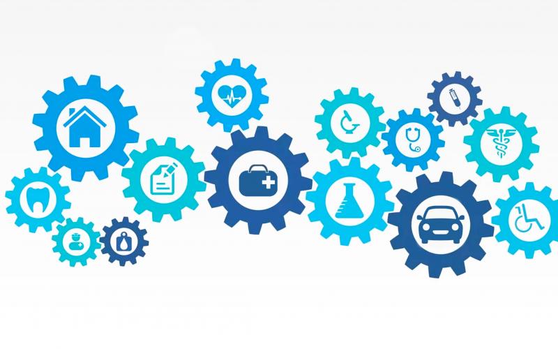 Several colored gear icons representing different categories of insurance.