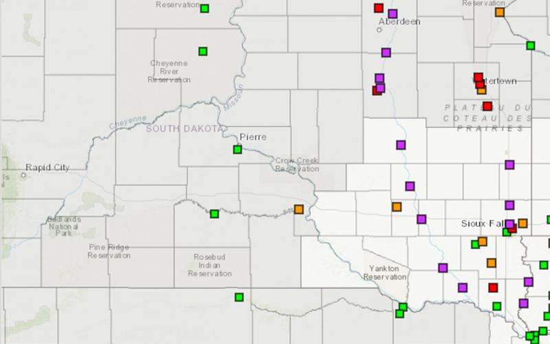 A map of South Dakota with several colored boxes indicating areas of increased flood risk. For a complete description, visit the National Weather Service website at: https://water.weather.gov/ahps2/long_range.php?wfo=fsd
