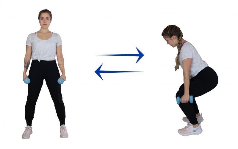 A young woman demonstrating the starting and finishing position for a weighted squat exercise. For a complete description of the movements, call SDSU Extension at 605-688-6729.