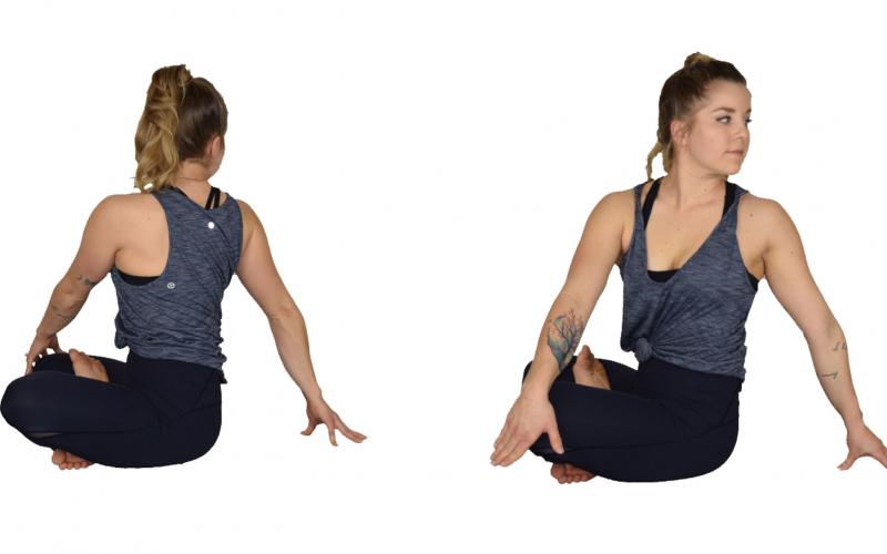 A young woman demonstrating the starting and finishing position for the seated twist yoga pose. For a complete description of the movements, call SDSU Extension at 605-688-6729.